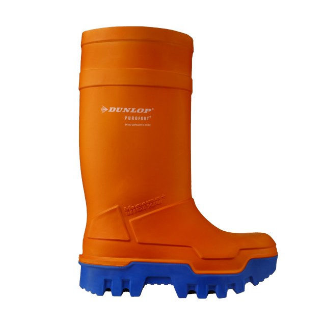 Vista lateral de la bota Dunlop Purofort Thermo + Full Safety (Naranja/Azul)
