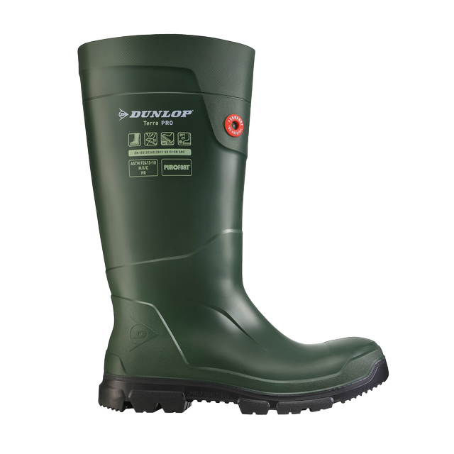 Vista lateral de la bota Dunlop Purofort TerraPRO Full Safety (Verde/Negro)