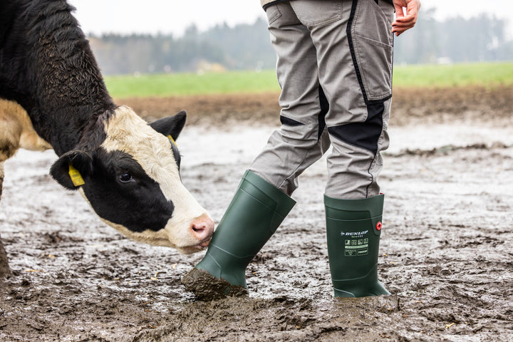 Ganadero metido en el barro con las vacas con las botas Dunlop Purofort TerraPRO Full Safety (Verde/Negro)