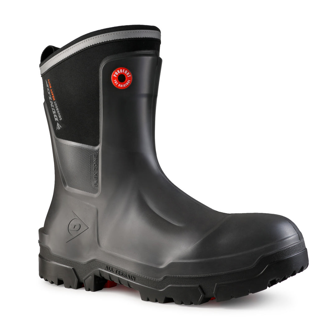 Vista diagonal de la bota Dunlop Snugboot Heavy Duty Calf Full Safety Media Caña para Trabajos Pesados