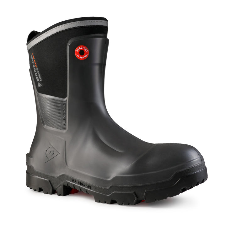 Vista diagonal de la bota Dunlop Snugboot Heavy Duty Calf Full Safety Media Caña para Trabajos Pesados