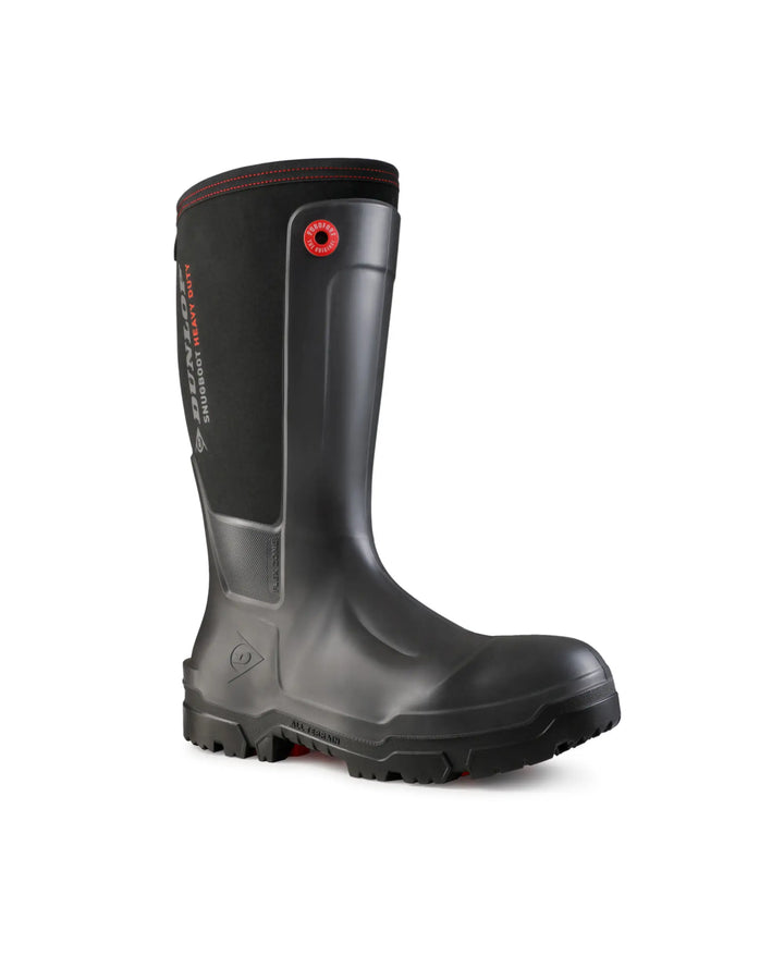 Vista en diagonal de la bota Dunlop Snugboot Heavy Duty Full Safety Caña Alta