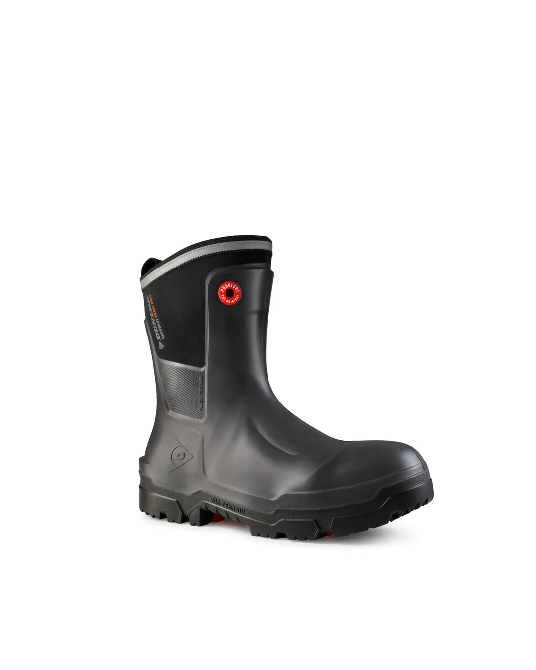 Vista en diagonal de la bota Dunlop Snugboot Heavy Duty Calf Full Safety Media Caña 